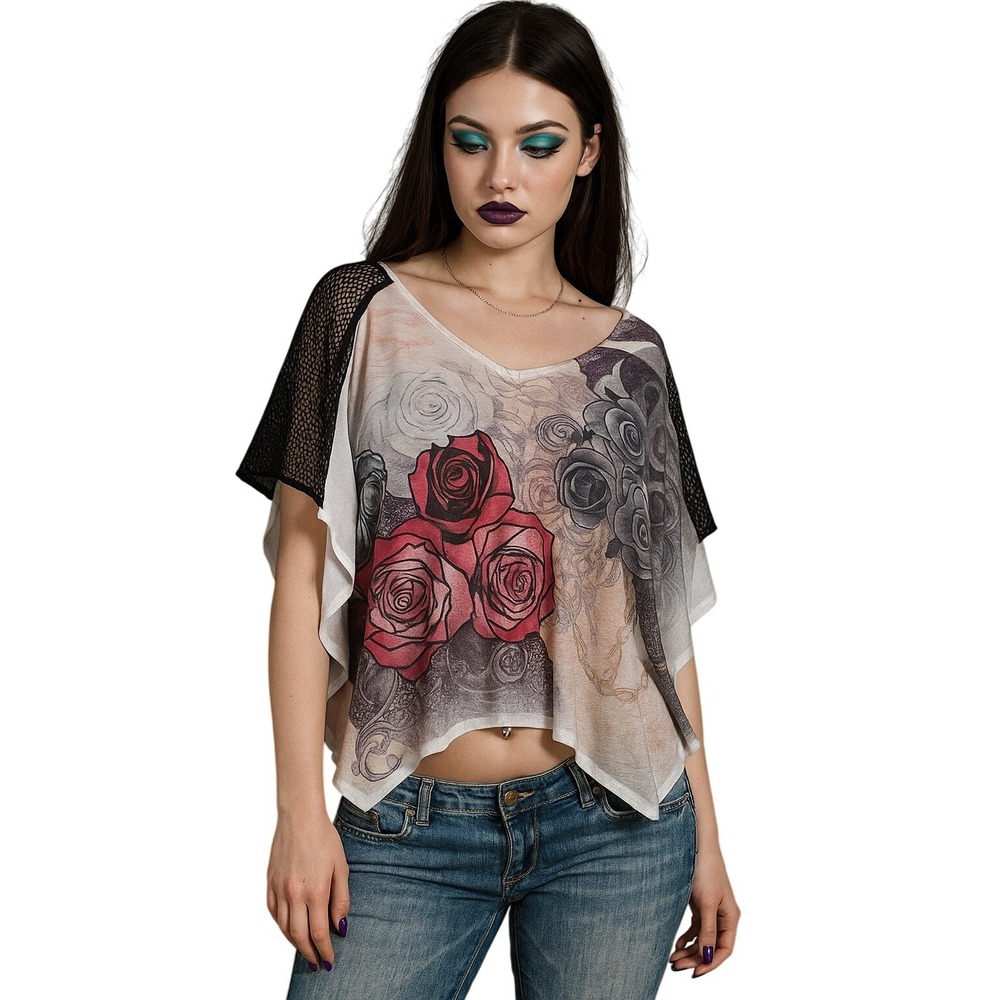 Y2K UK2LA Women's V-Neck Rose Print Mesh Sleeve Poncho Top M